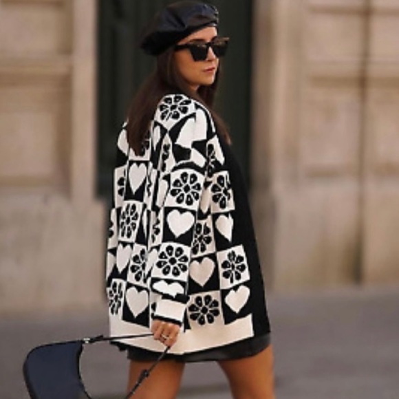 Zara Blogger Favorite Jacquard Checkered Heart & Floral Cardigan - Picture 7 of 11